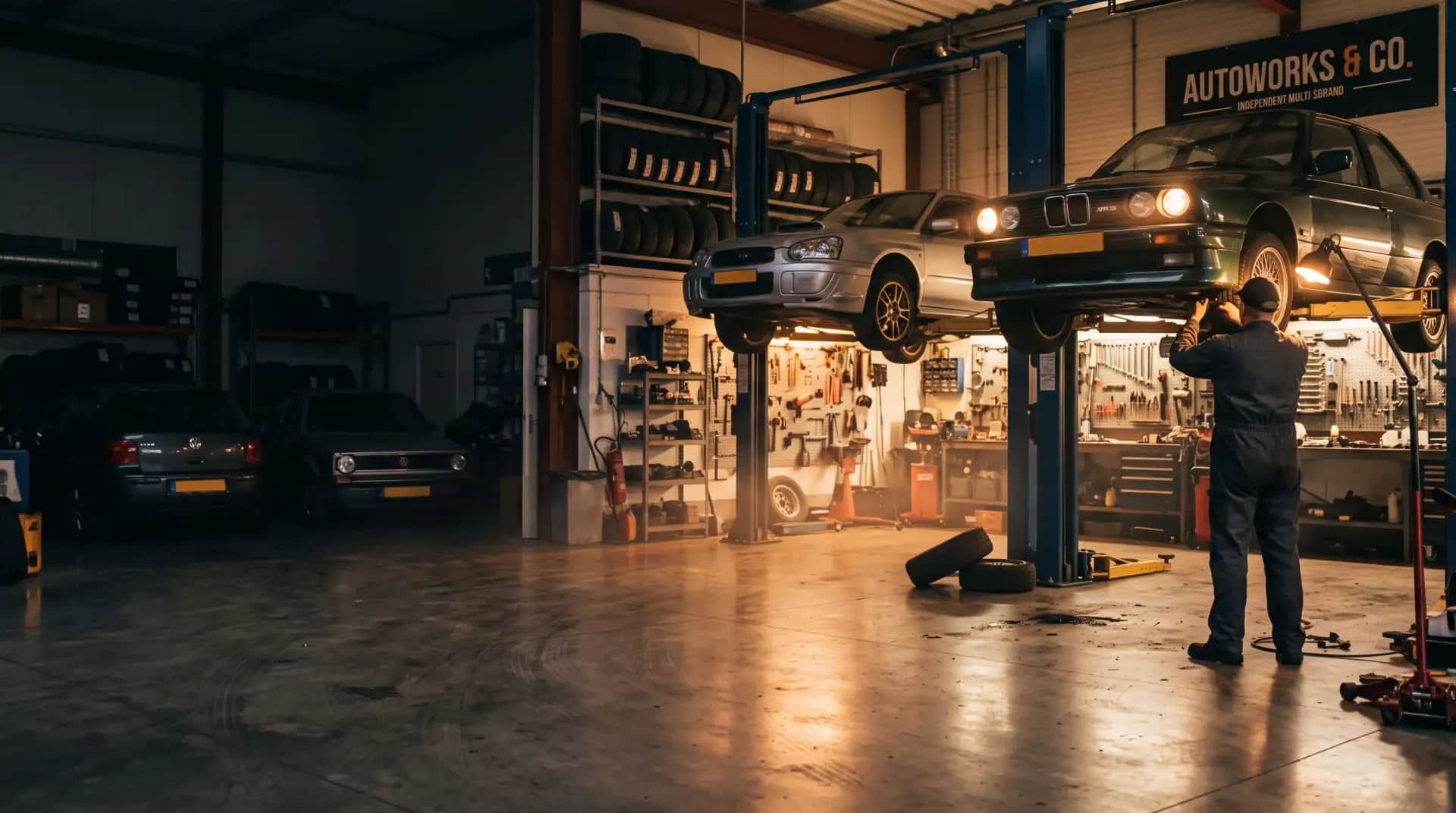 Intérieur de l'atelier Pleins Phares au crépuscule, deux voitures sur ponts élévateurs et un technicien au travail