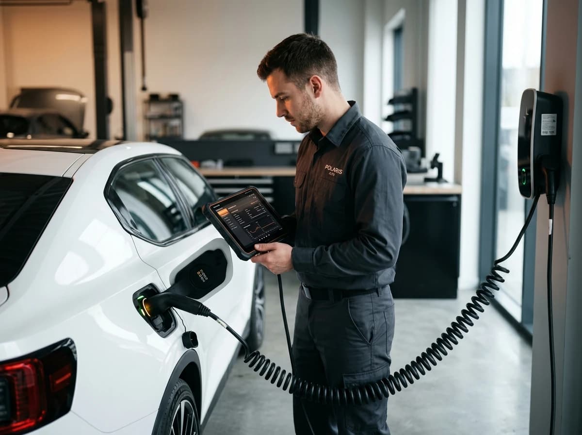 Technicien branchant une valise de diagnostic sur la prise de charge d'une voiture électrique