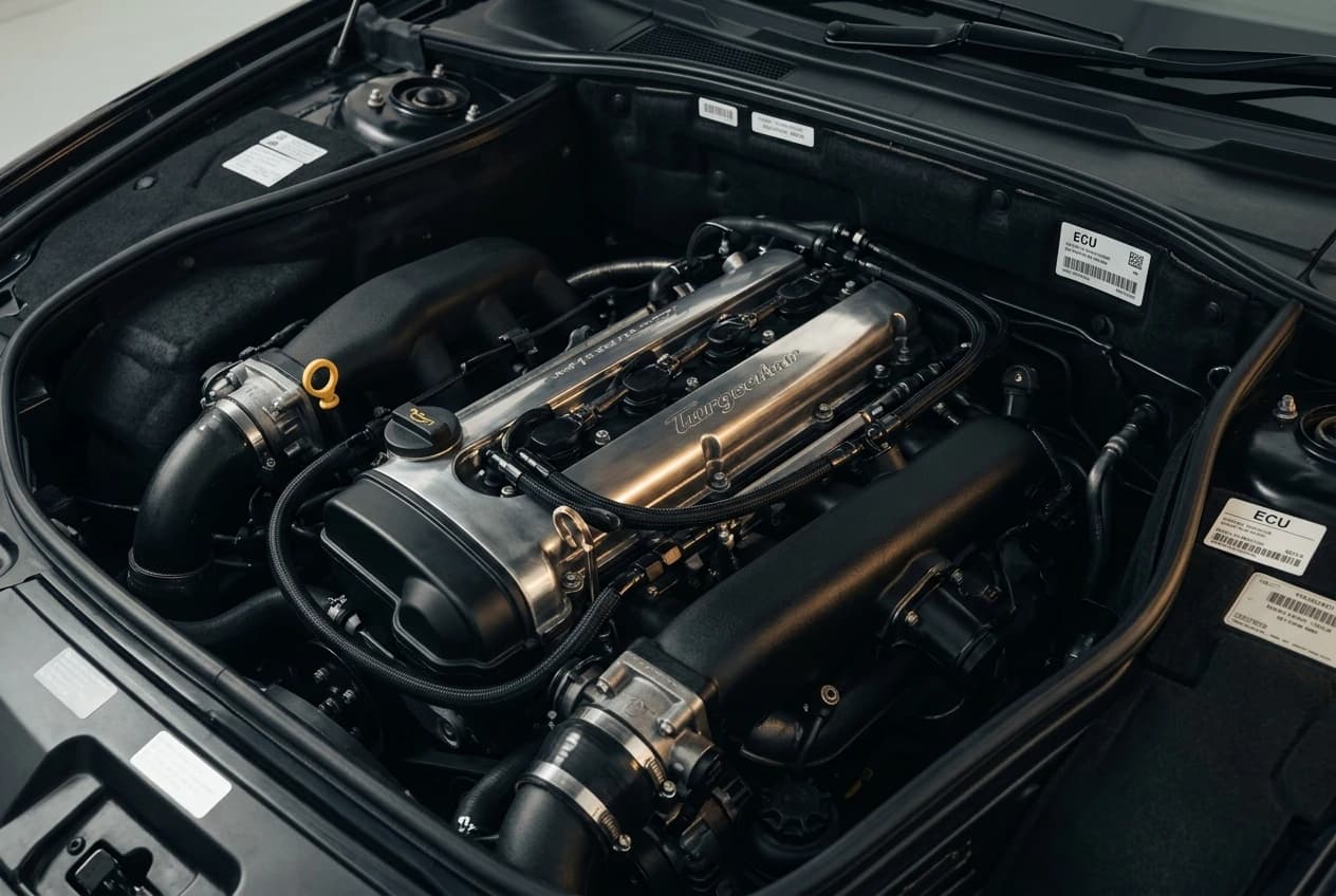 Compartiment moteur en service — détail des organes mécaniques