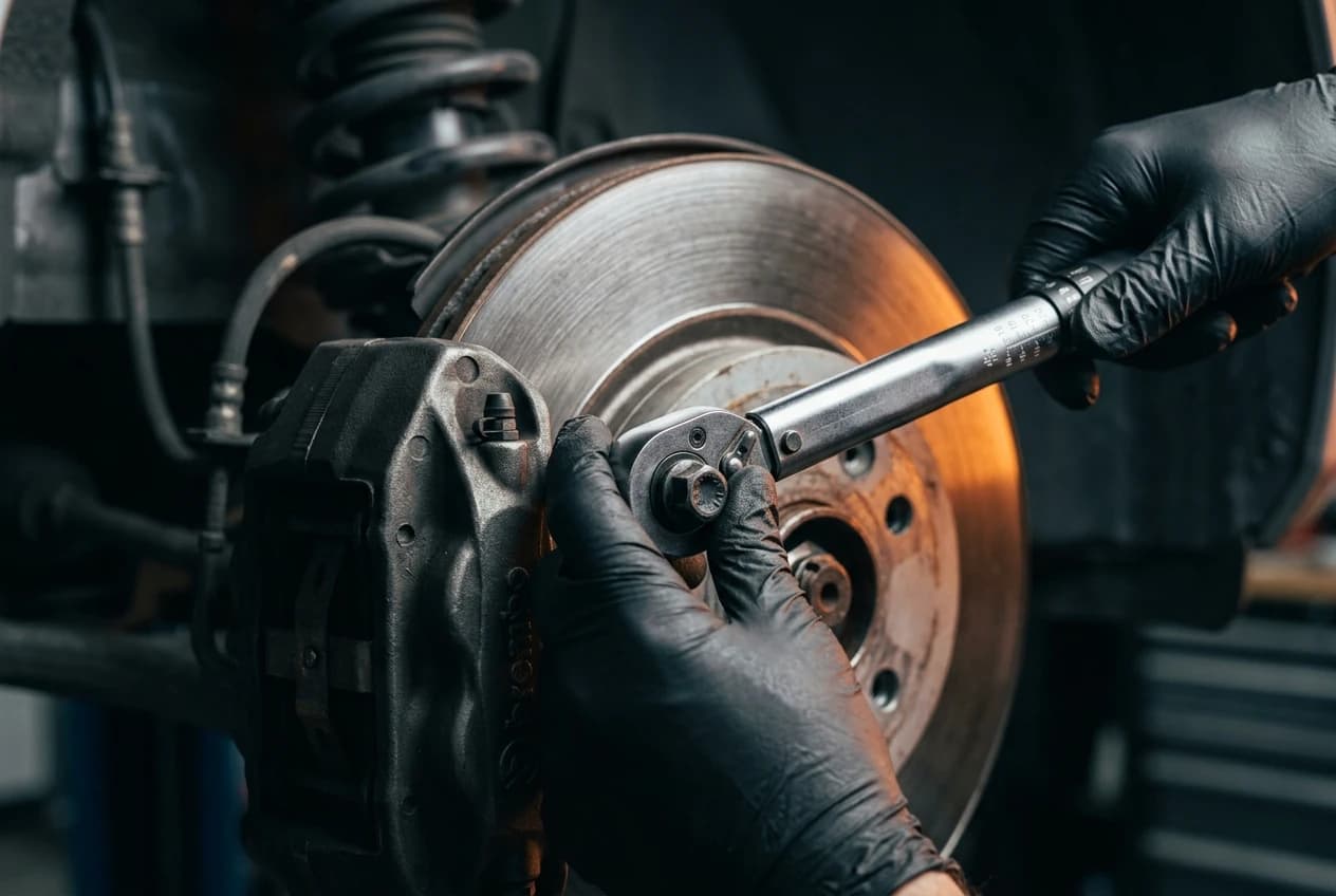 Mains d'un technicien serrant un boulon d'étrier de frein à la clé dynamométrique