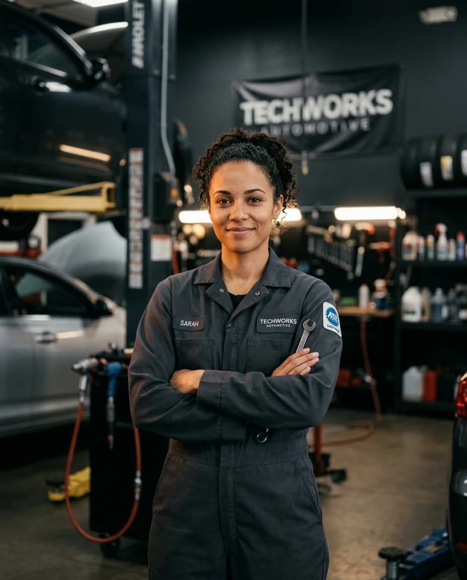 Portrait d'un technicien de l'atelier Pleins Phares en tenue de travail